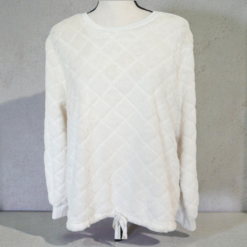 Steve Madden Pullover Sweater Faux Fur Teddy Bear Quilted Cream Soft & Cozy L